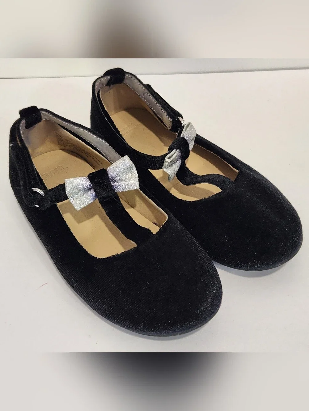 Gymboree Black Velvet T-Strap Ballet Flats with Silver Bow